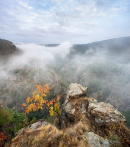 Deutschland, Sachsen-Anhalt, Thale, Harz, Aussicht von der Roßtrappe im Herbst, Morgennebel im Bodetal Deutschland, Sachsen-Anhalt, Thale, Harz, Aussicht von der Roßtrappe im Herbst, Morgennebel im Bodetal